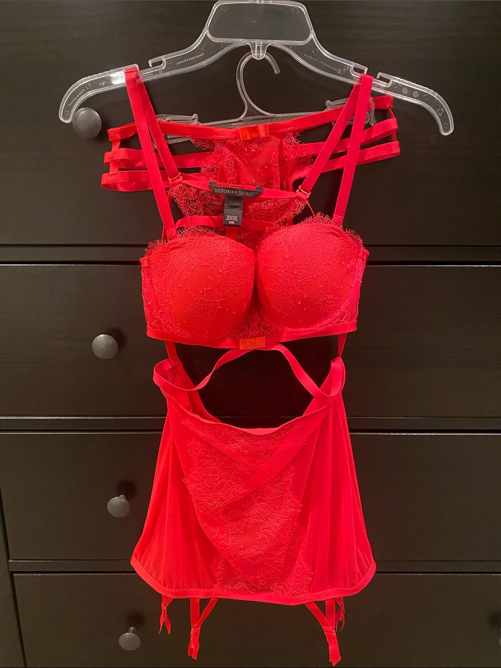 Victoria's Secret Red Lace Strappy Chemise with Cutout Accents